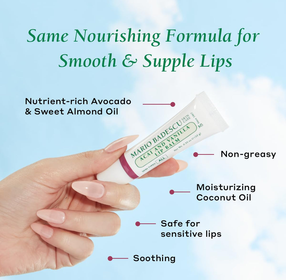 Mario Badescu Acai & Vanilla Lip Balm tub swatch with creamy texture for smoothing