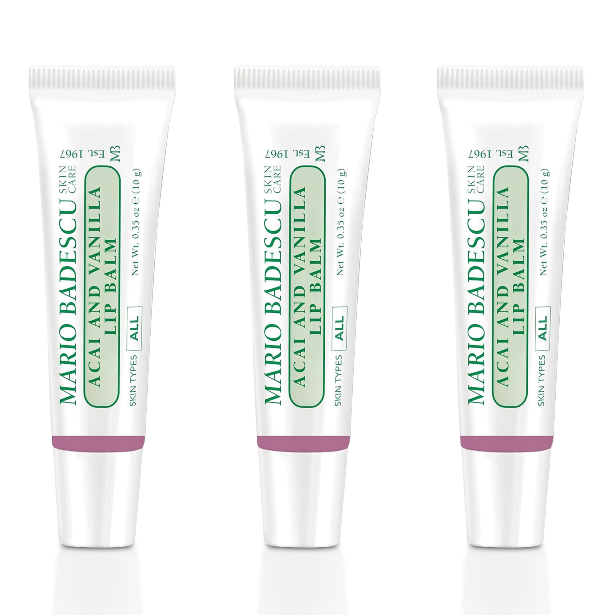 Mario Badescu Acai Vanilla Lip Balm tube front for on-the-go hydration.