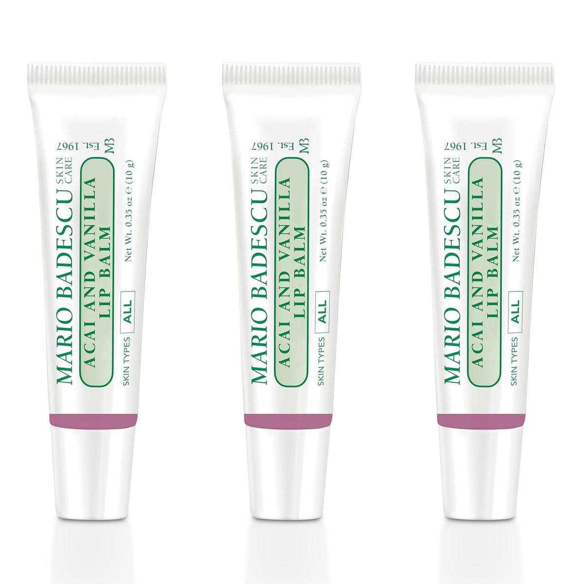 Mario Badescu Acai Vanilla Lip Balm tube front for on-the-go hydration.