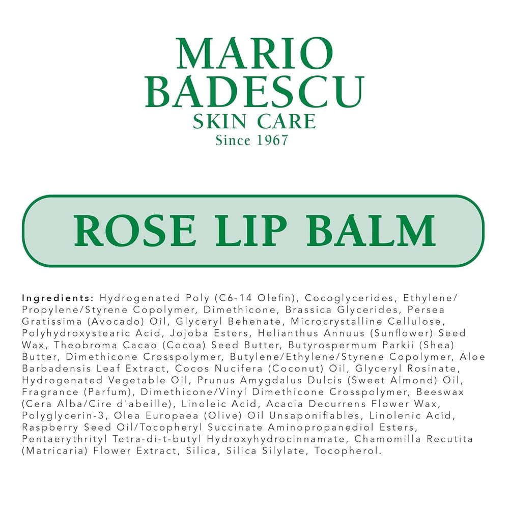 Aceite de almendra dulce mejora la nutrición del bálsamo labial rosa de Mario Badescu.