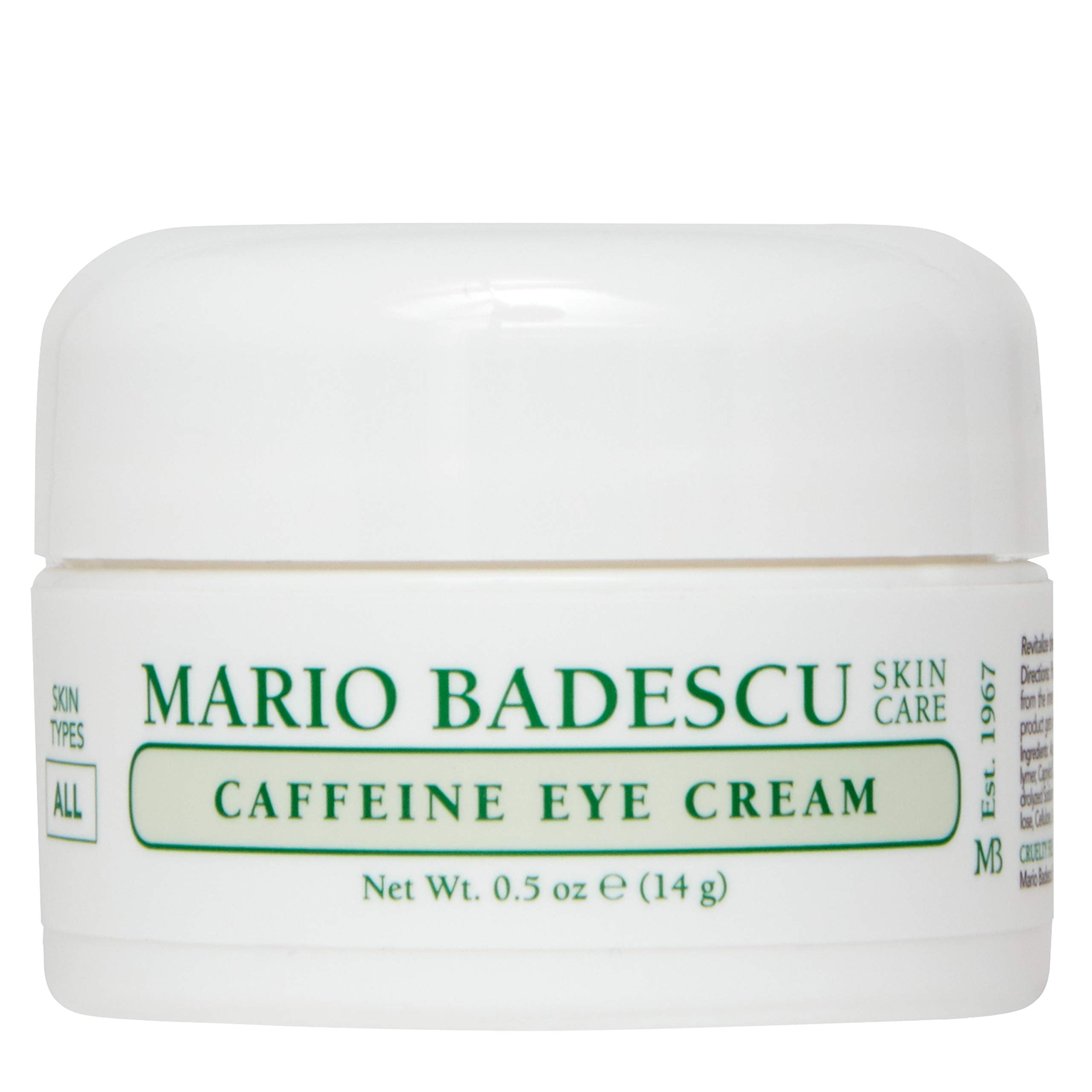 Mario Badescu caffeine eye cream packaging shows compact jar for everyday use