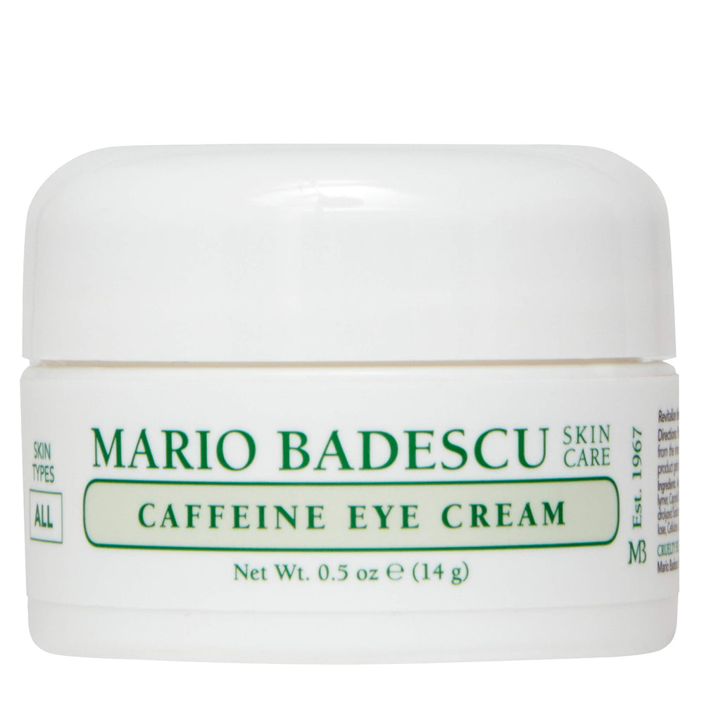 Mario Badescu caffeine eye cream packaging shows compact jar for everyday use