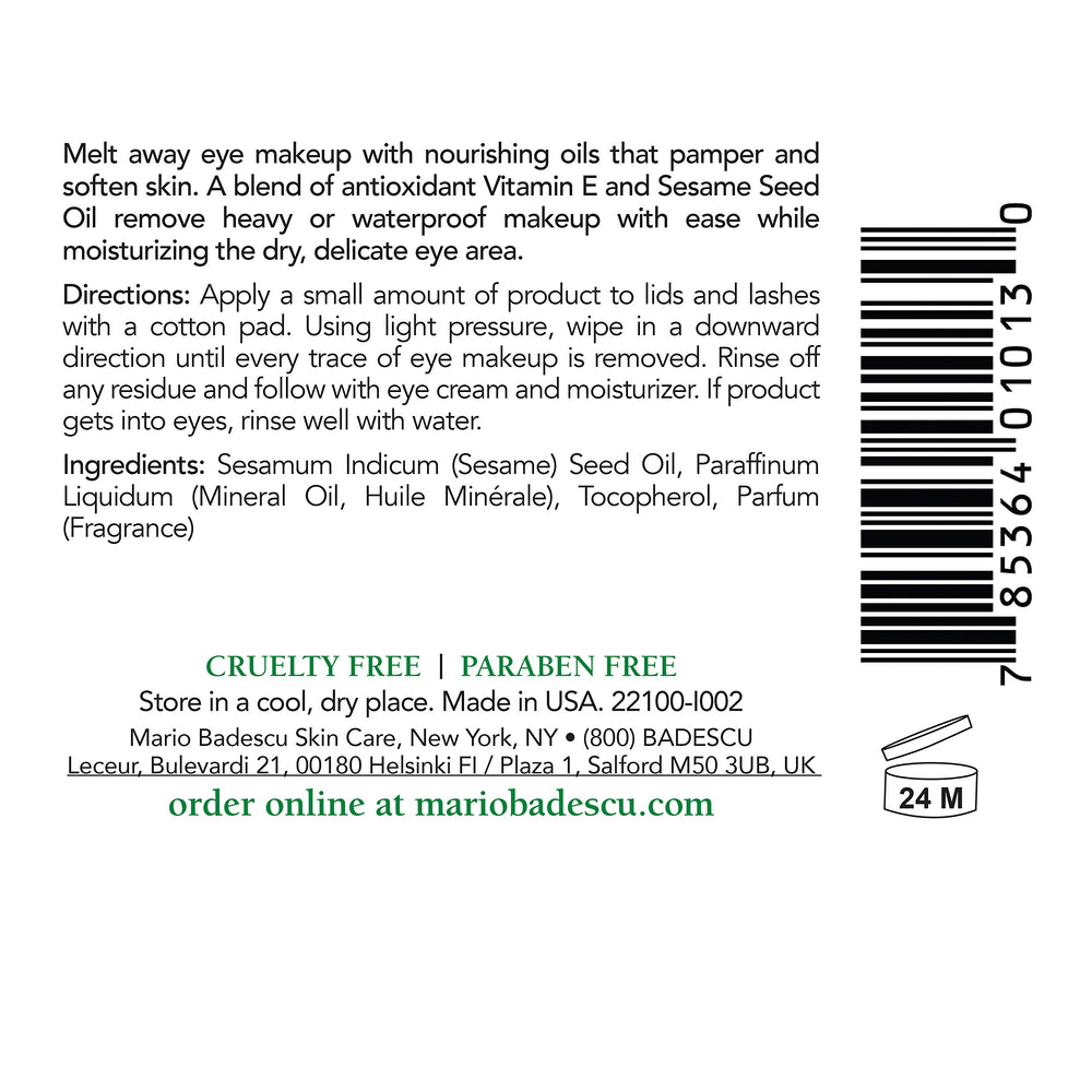 Mario Badescu Carnation Eye Makeup Remover Oil poured onto a cotton pad for cleansing.