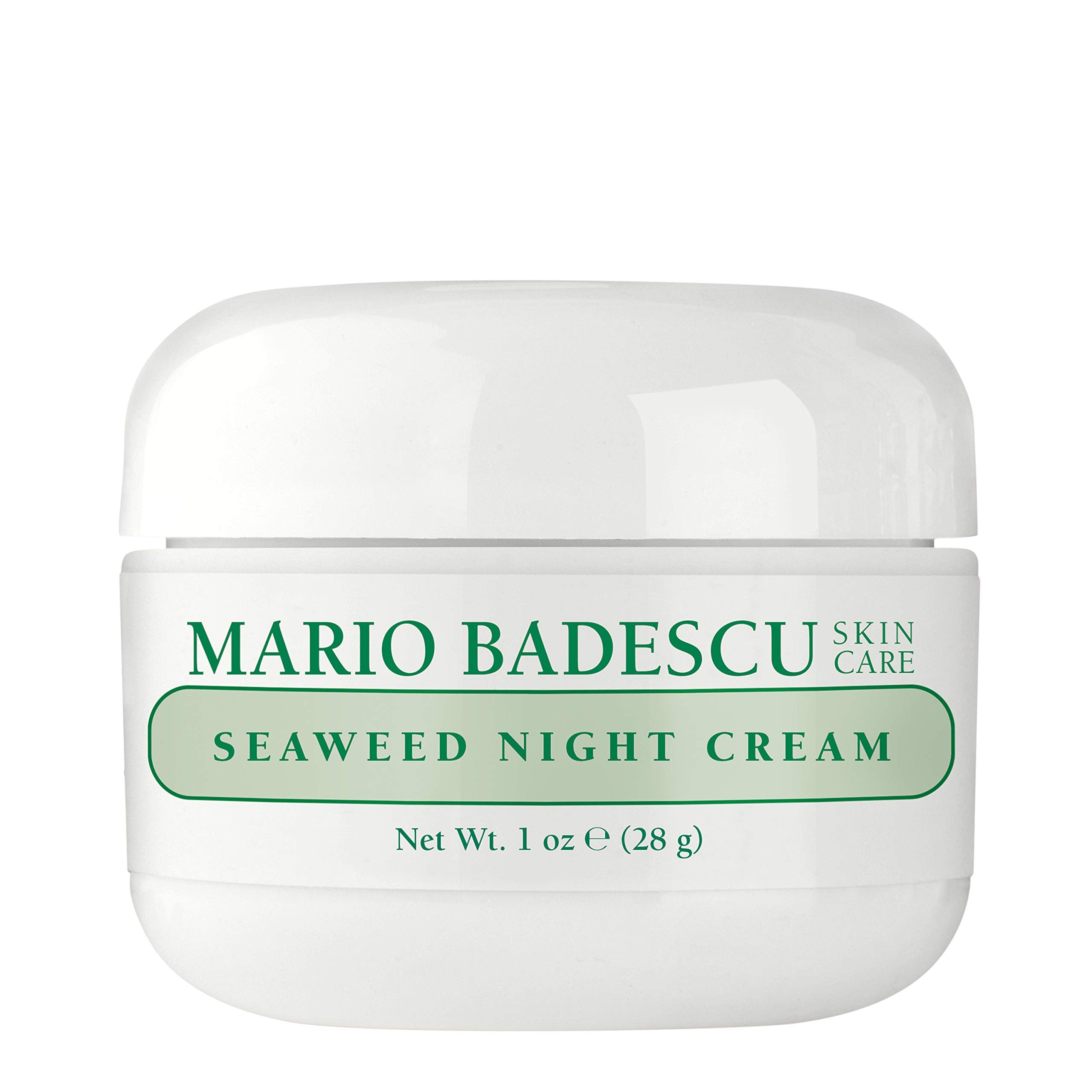 Mario Badescu crema nocturna con alga marina, textura cremosa para piel suave.