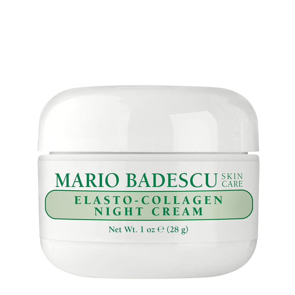 Mario Badescu Elasto-Collagen Noche, frasco visible, crema nutritiva para piel seca.