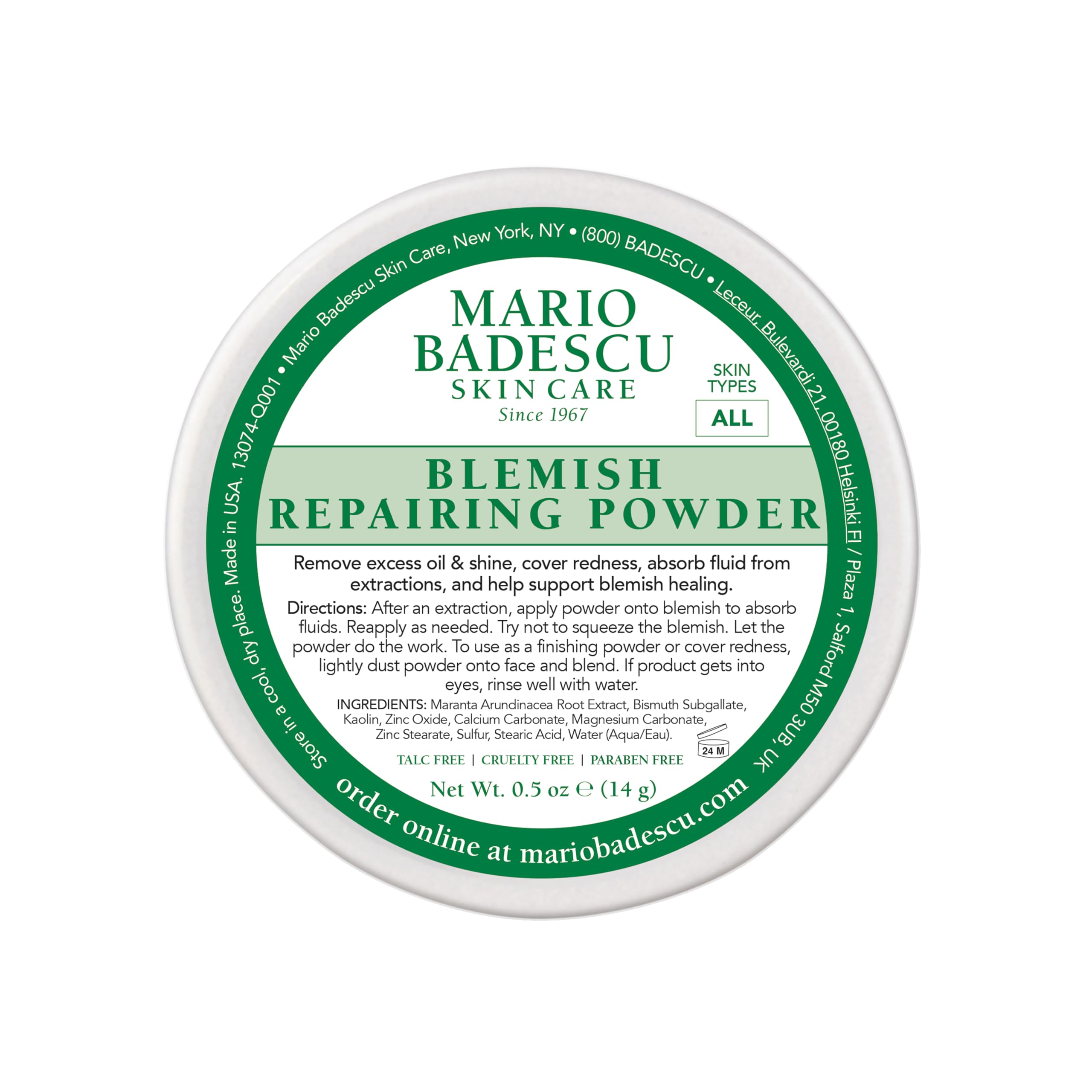 Mario Badescu envase de polvo reparador para imperfecciones, fácil de llevar.