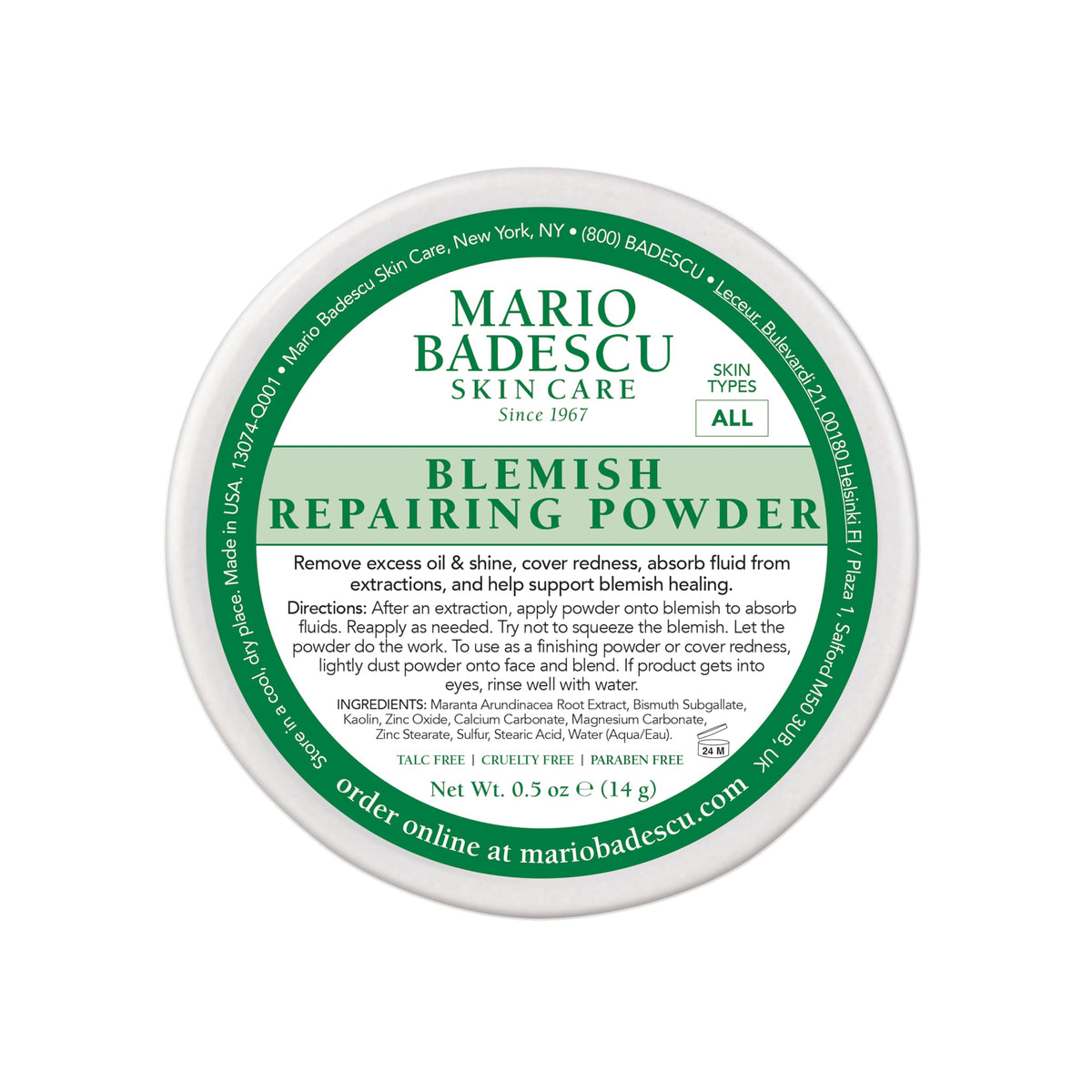 Mario Badescu envase de polvo reparador para imperfecciones, fácil de llevar.