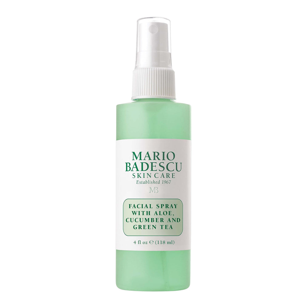Mario Badescu facial spray bottle showing aloe, cucumber, green tea for hydration