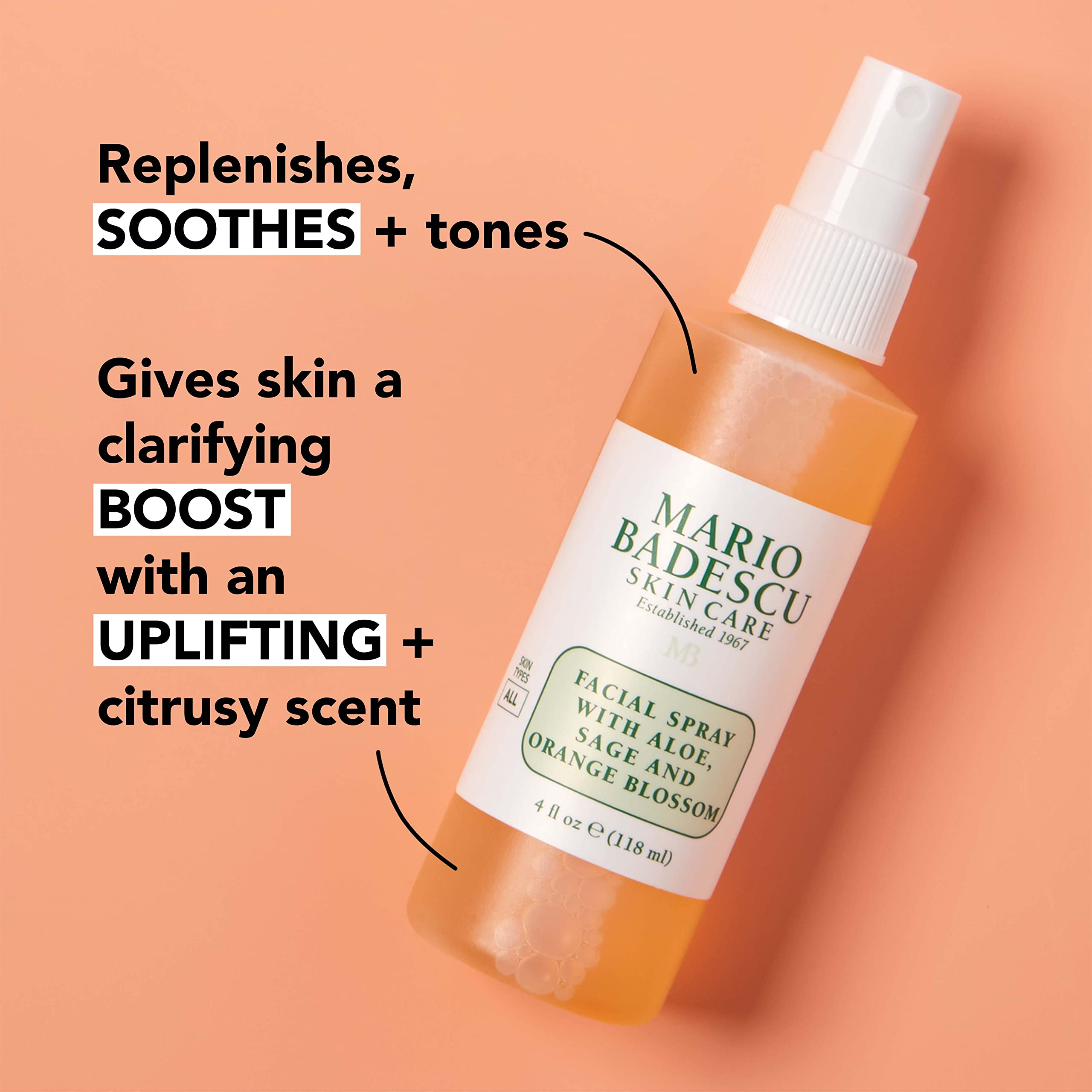 Mario Badescu mist applied on the face for a dewy, refreshed complexion.
