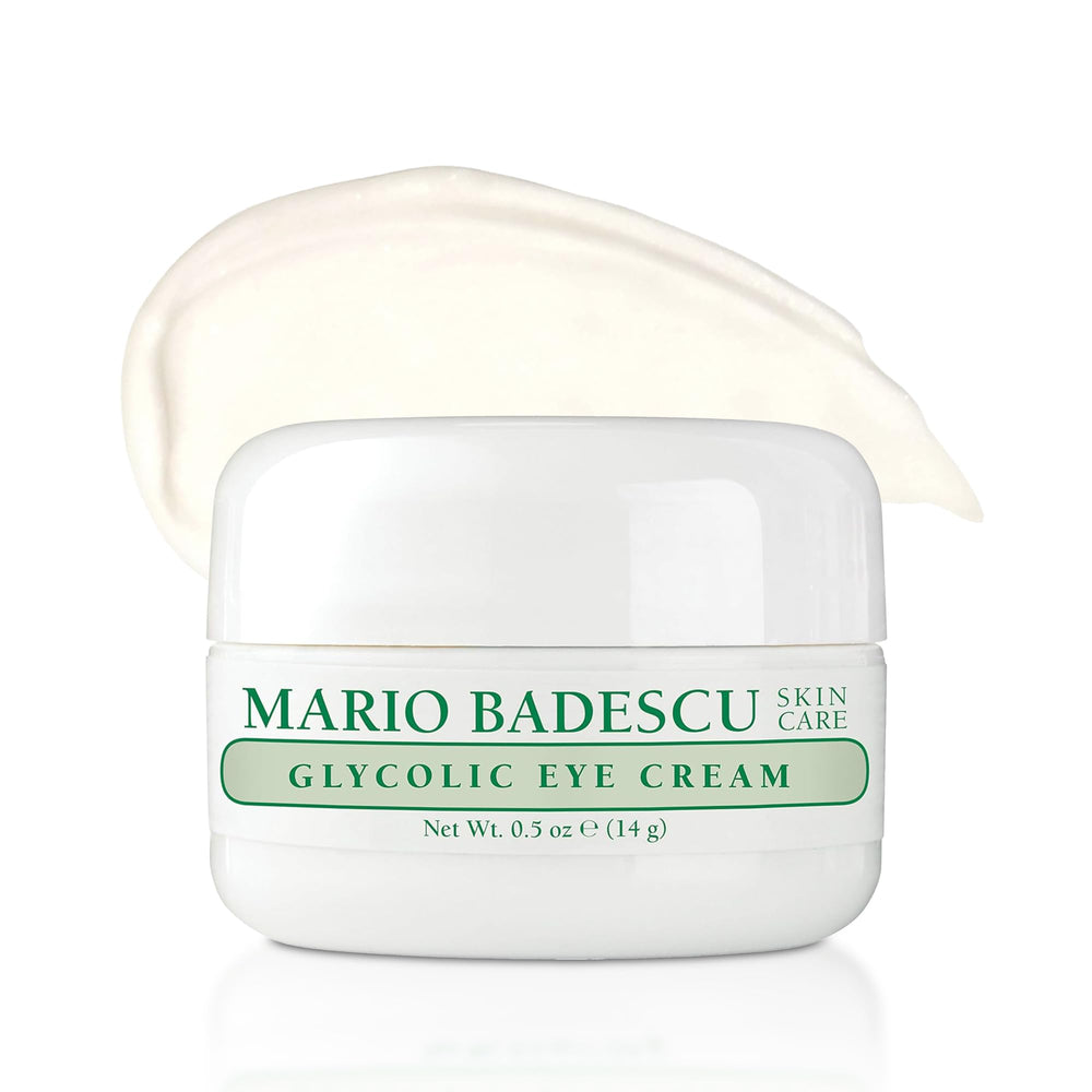 Mario Badescu Glycolic Eye Cream bottle close-up for dry skin hydration.