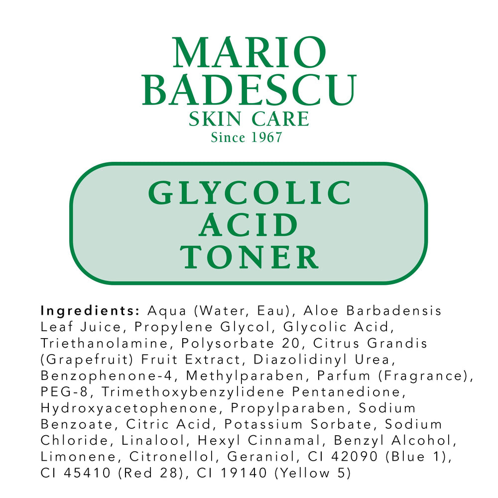 Mario Badescu Glycolic Toner bottle on vanity for daily exfoliation.