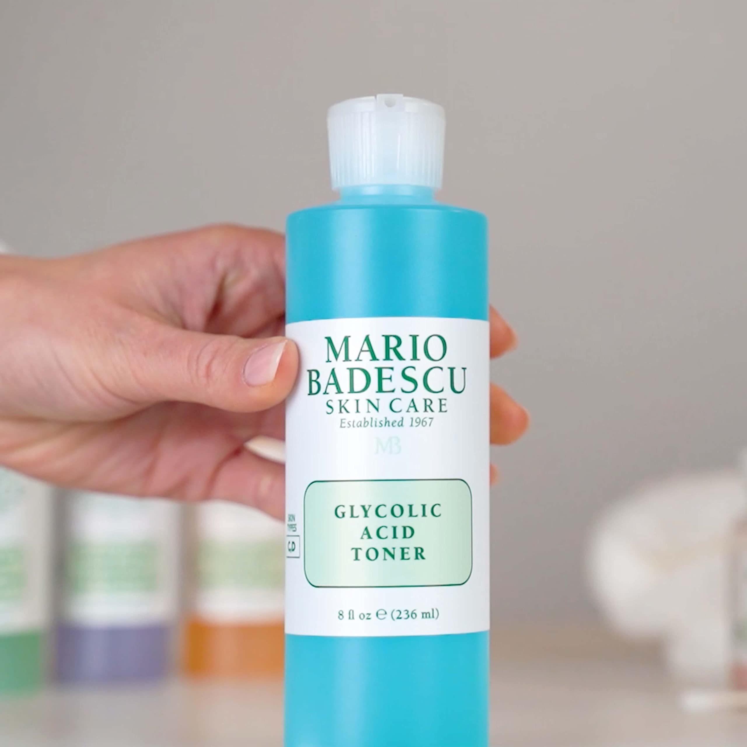 Mario Badescu Glycolic Toner bottle in a calm morning routine setup.