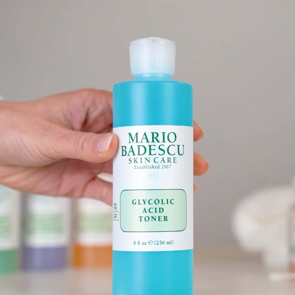 Mario Badescu Glycolic Toner bottle in a calm morning routine setup.