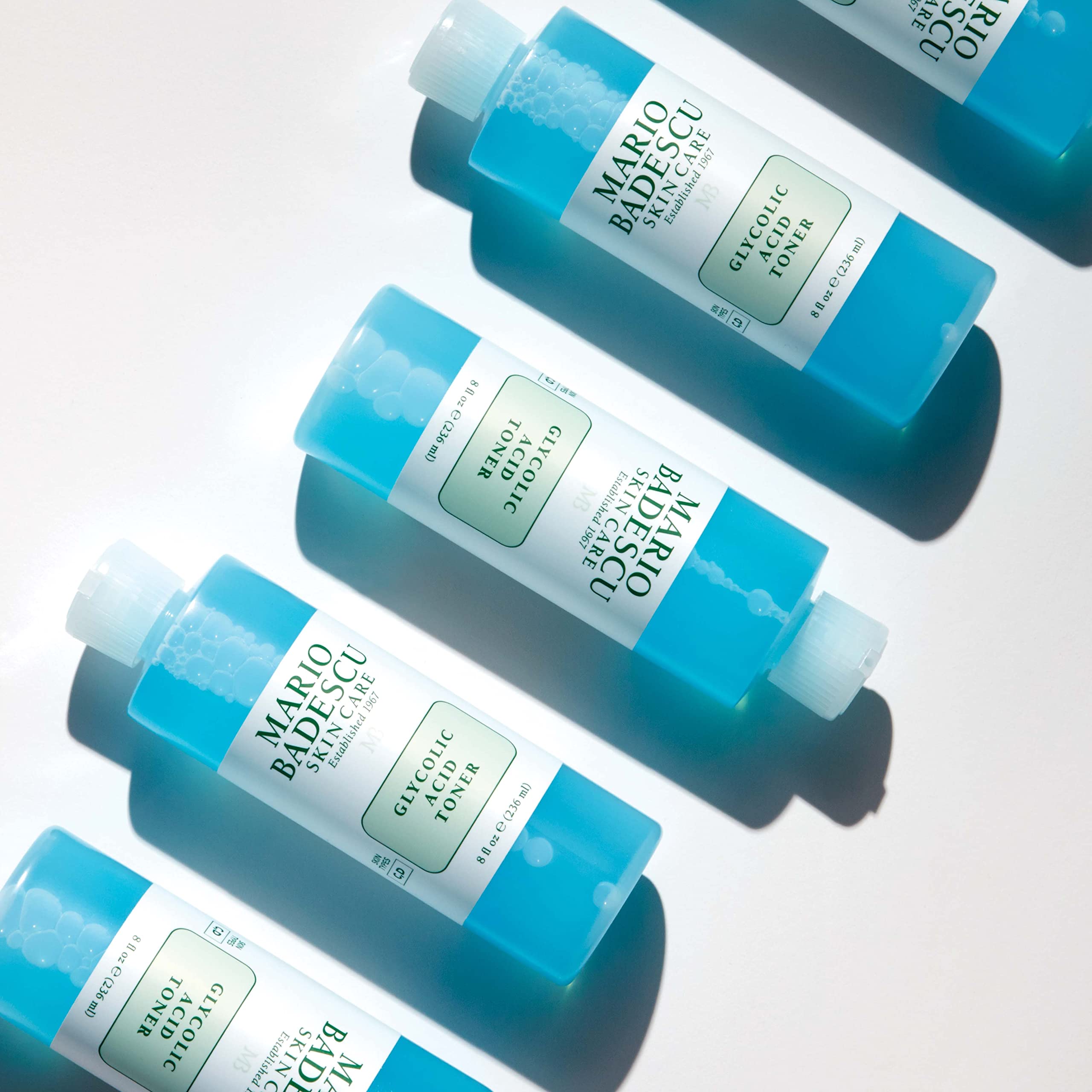 Morning routine shot featuring Mario Badescu Glycolic Toner aiding gentle exfoliation.