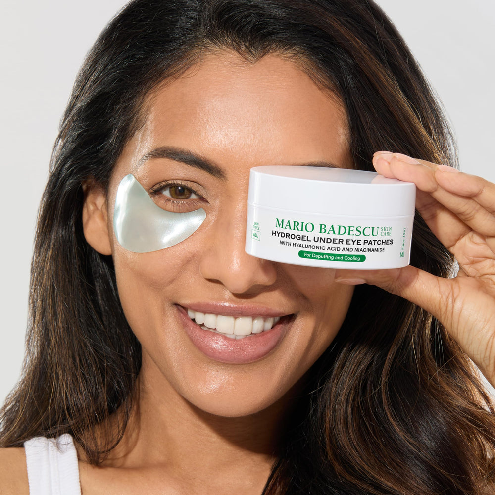 Mario Badescu hydrogel patches on-eye demonstrate potential depuffing and brightening.