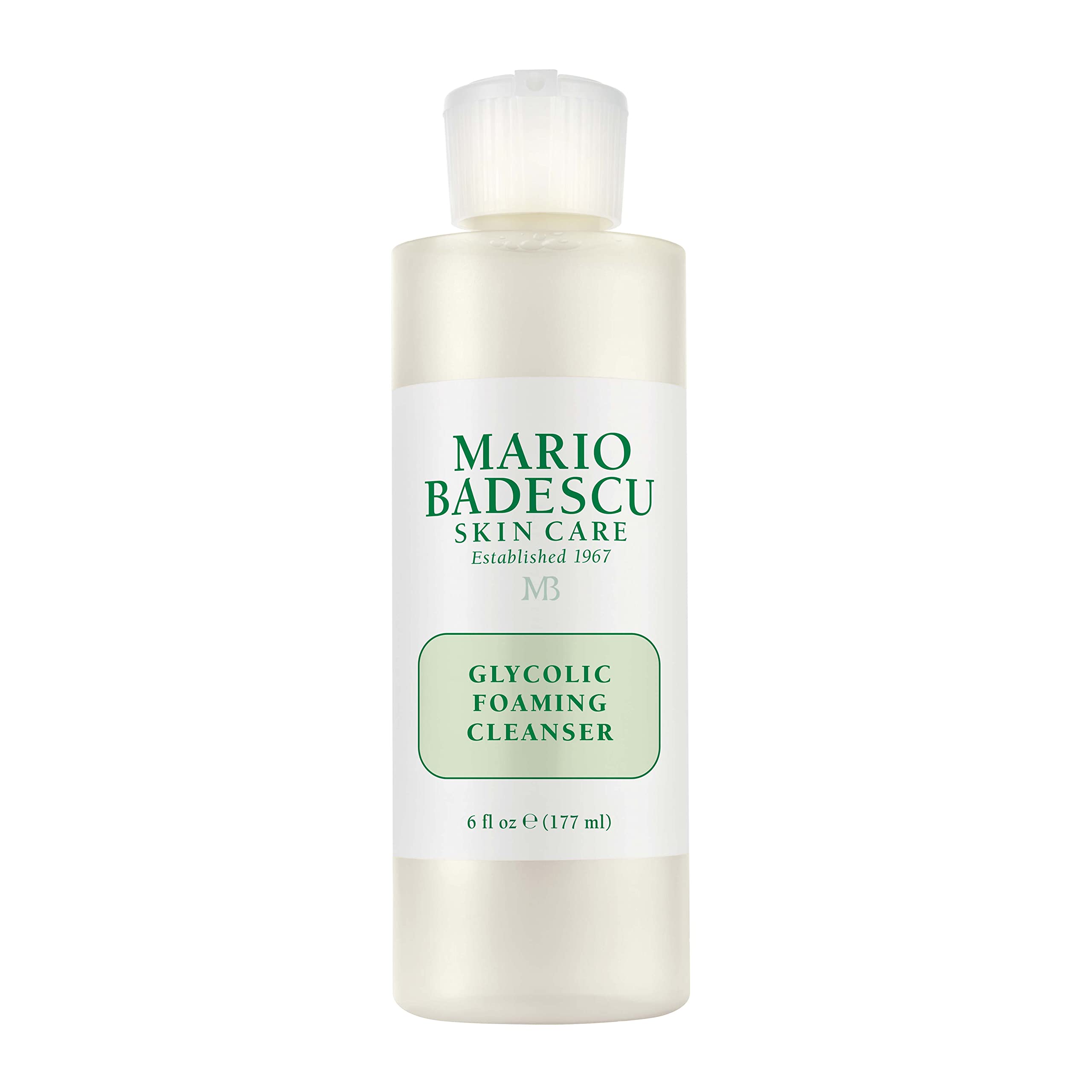 Mario Badescu Glycolic Foaming Cleanser: botella visible y piel más luminosa tras uso suave.