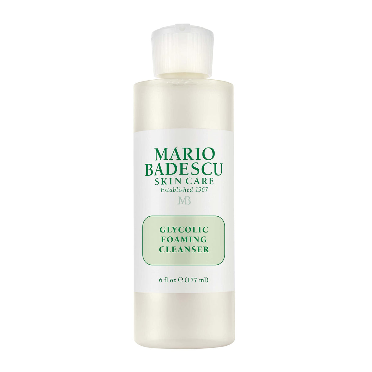 Mario Badescu Glycolic Foaming Cleanser: botella visible y piel más luminosa tras uso suave.