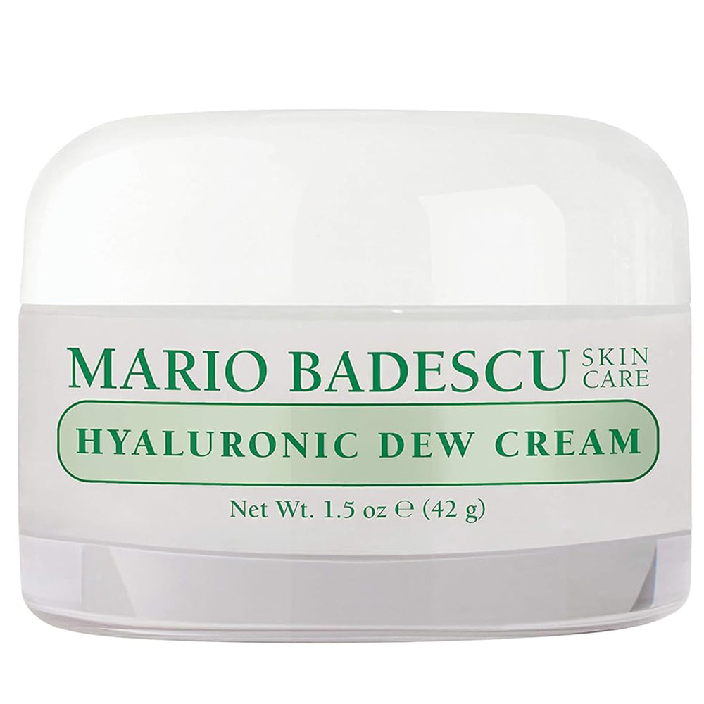 Mario Badescu Oil Free Hyaluronic Dew Cream bottle glistening, delivering lightweight hydration and a dewy glow.