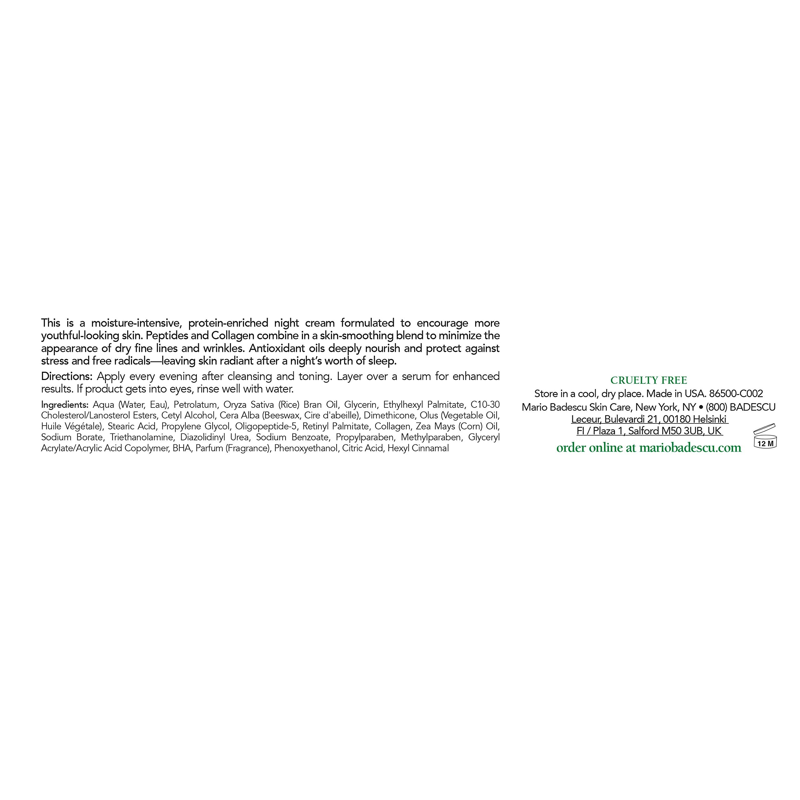 Crema nocturna de proteínas para piel seca y sensible de Mario Badescu, suaviza la piel.