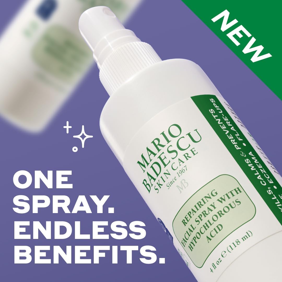 Mario Badescu Repairing HOCl Face Spray label highlights fragrance-free formula.