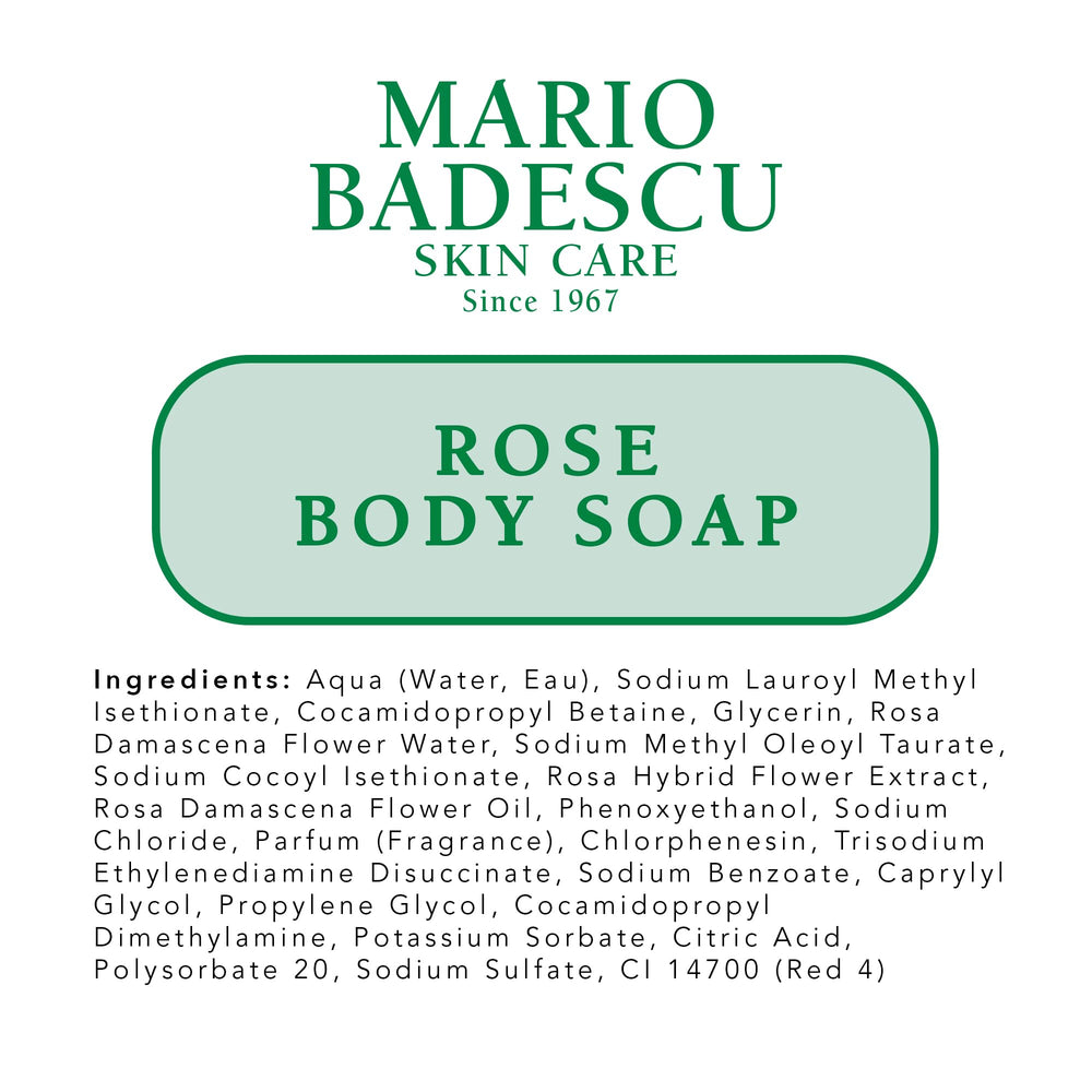 Mario Badescu Rose Body Soap on a shelf with water droplets.