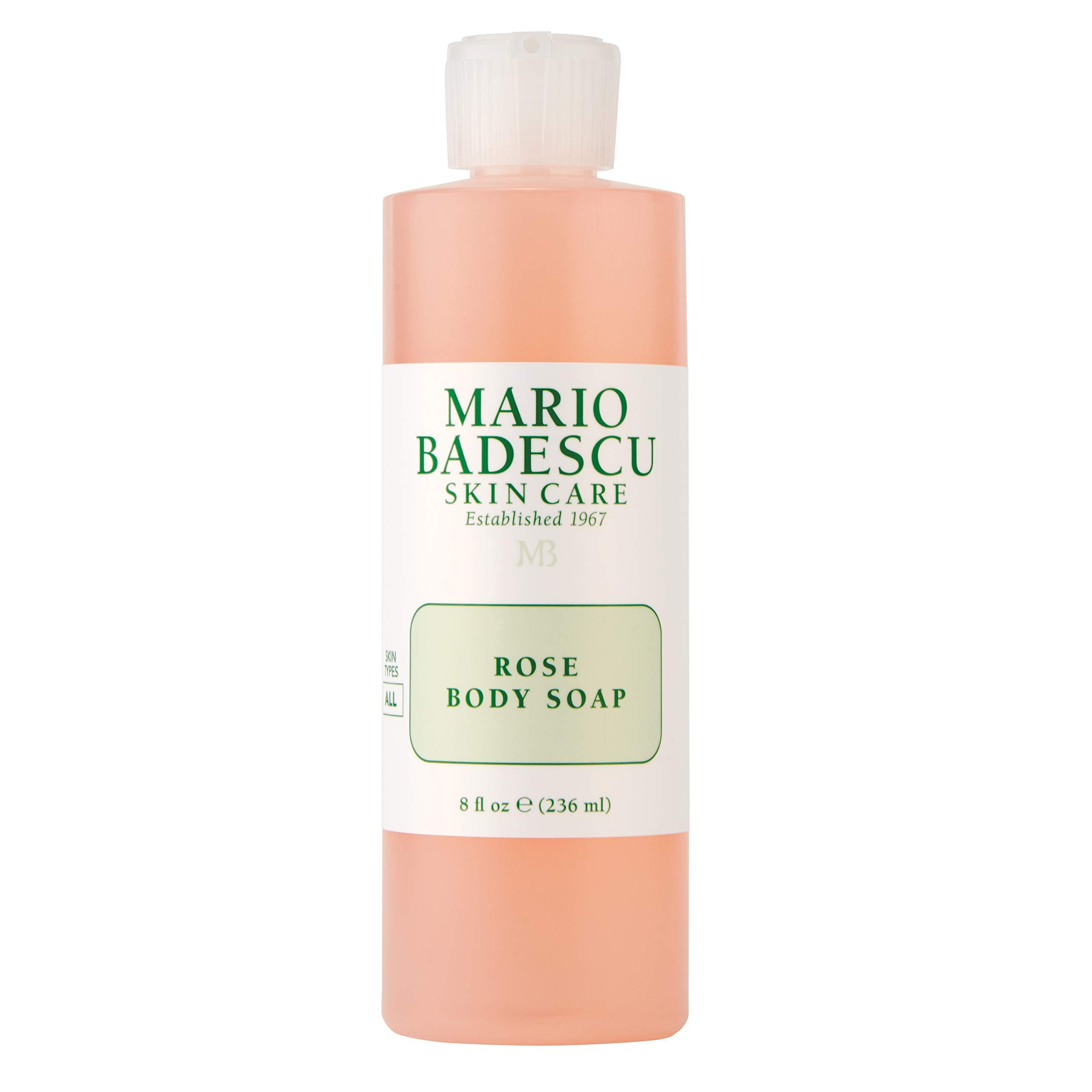 Mario Badescu Rose Body Soap bottle shows gentle rose scent for daily hydration.