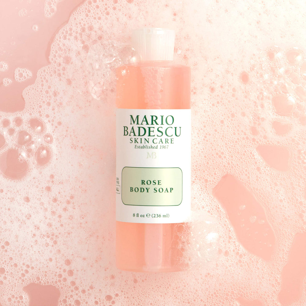 Mario Badescu Rose Body Soap foam lather on loofah for refreshing cleanse.