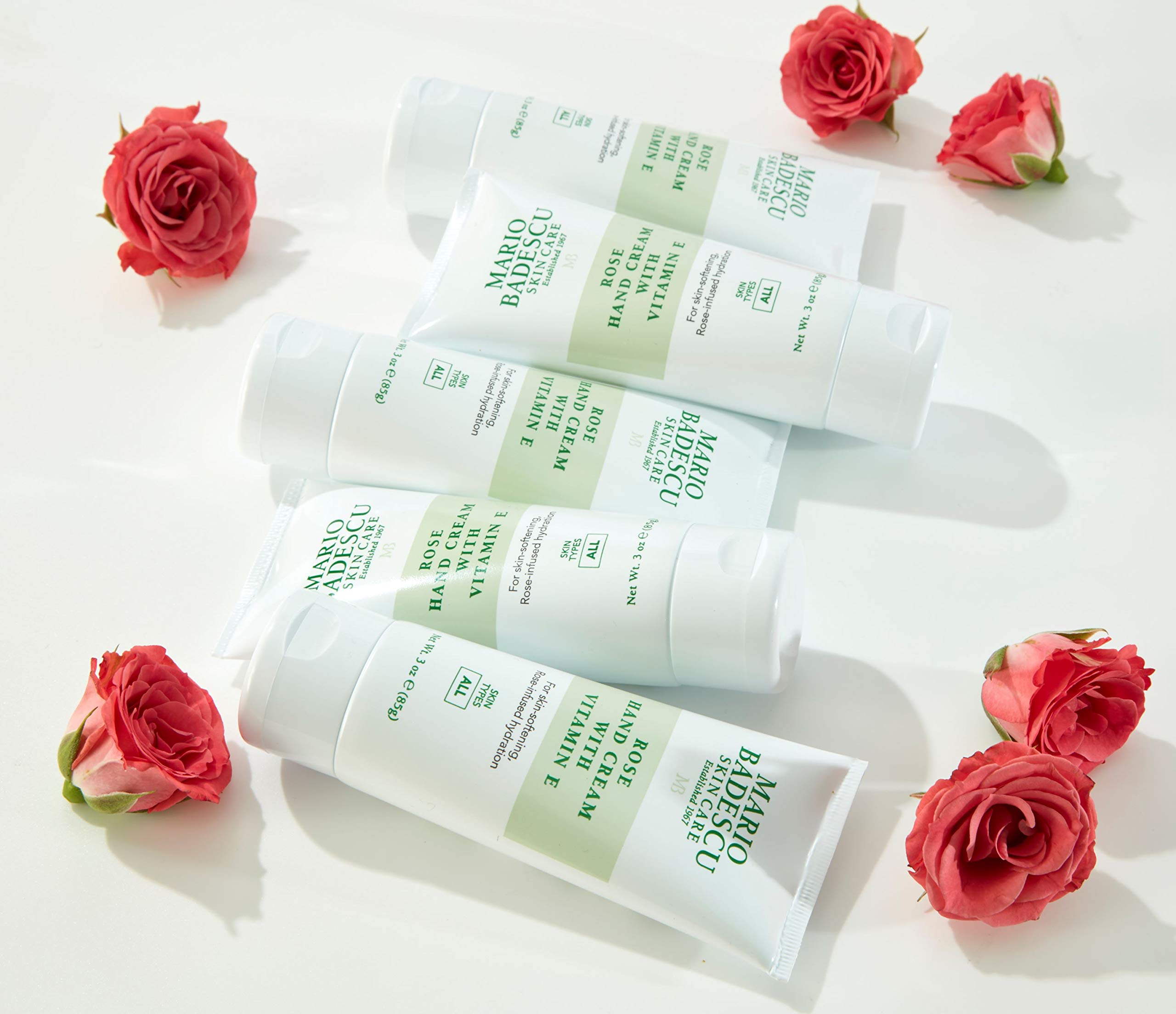 Rose infusion detail of Mario Badescu hand cream emphasizes moisture balance.