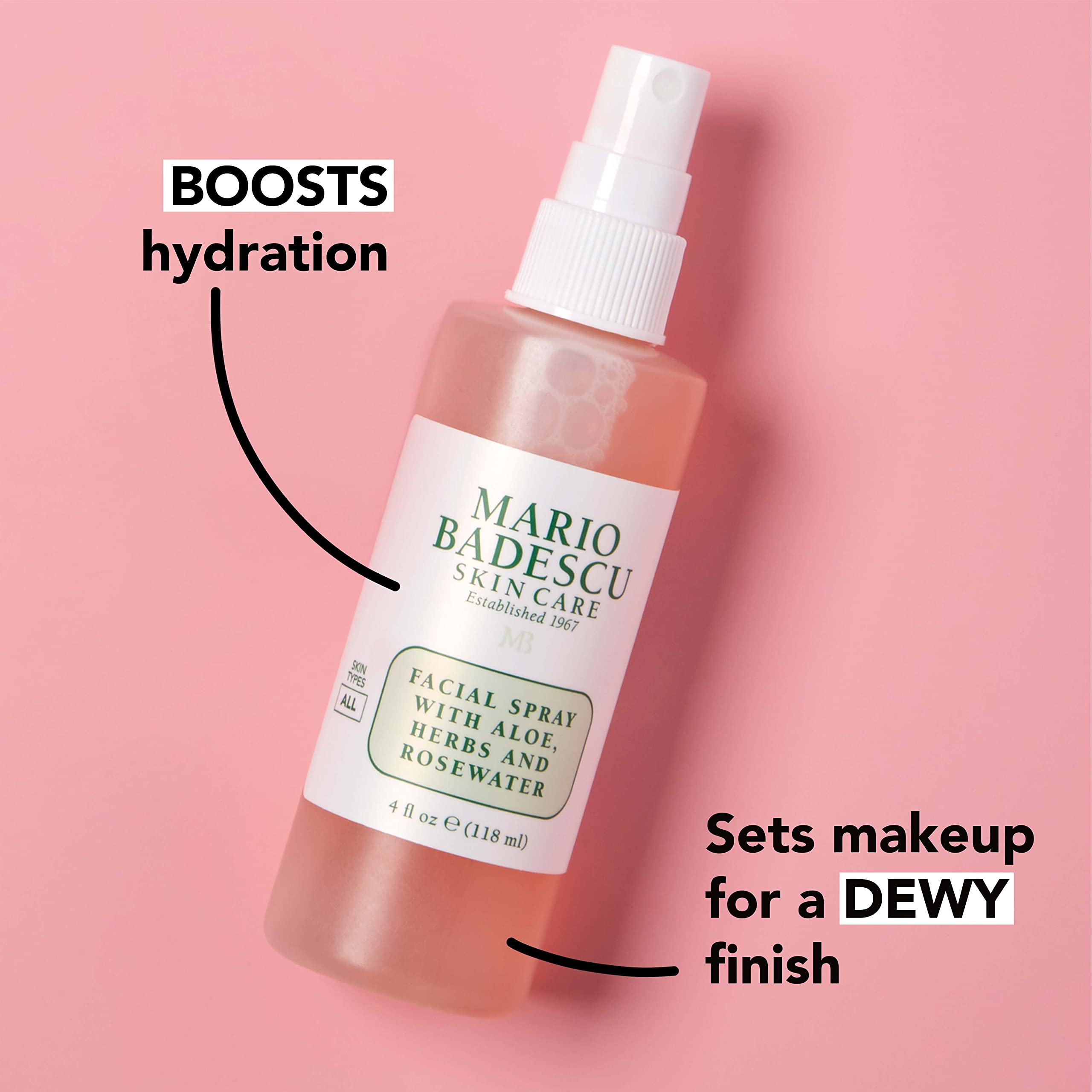 Ingredients include Aloe, Gardenia, Thyme, and Bladderwrack in Mario Badescu spray.