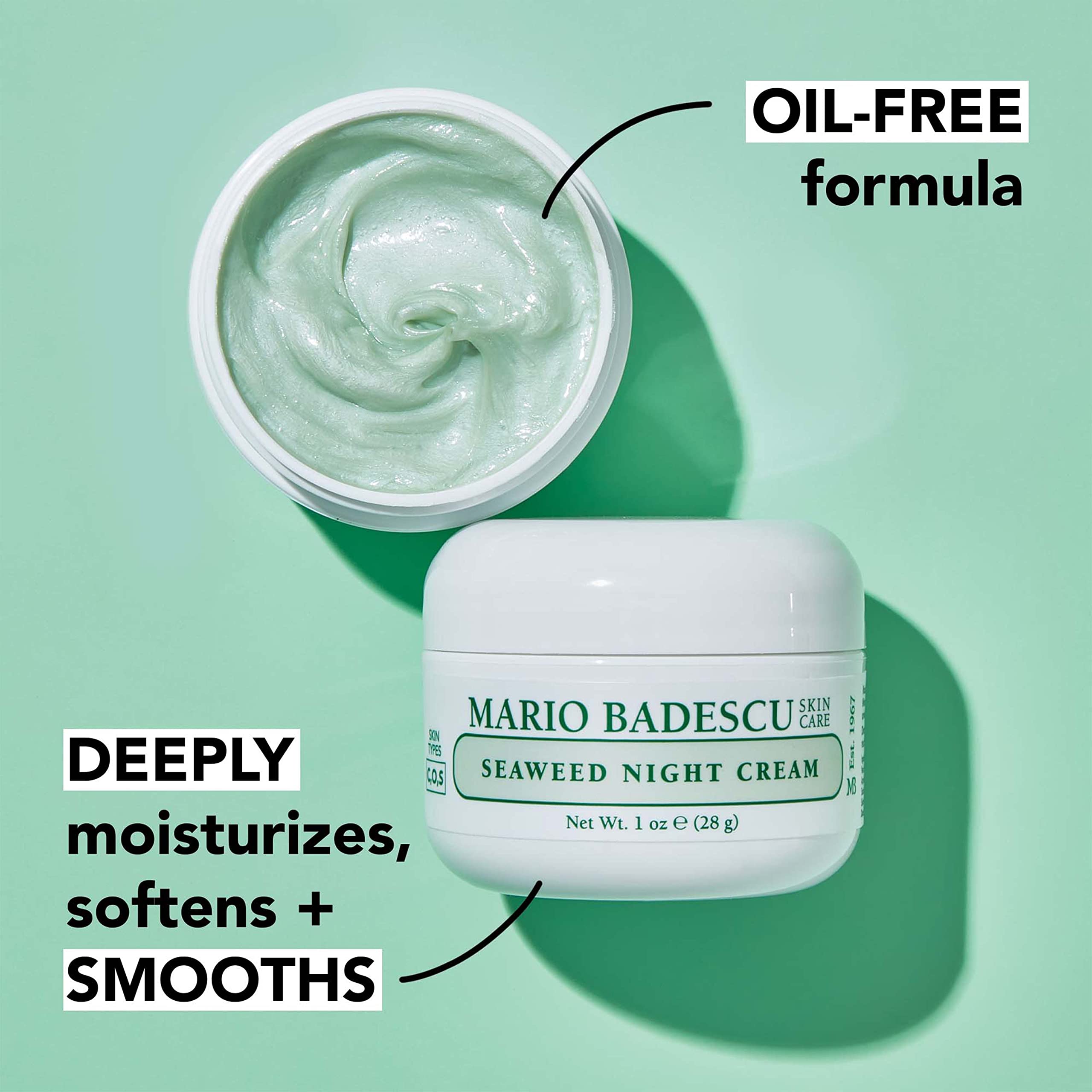 Crema de noche sin poros de Mario Badescu, textura cremosa para equilibrio.