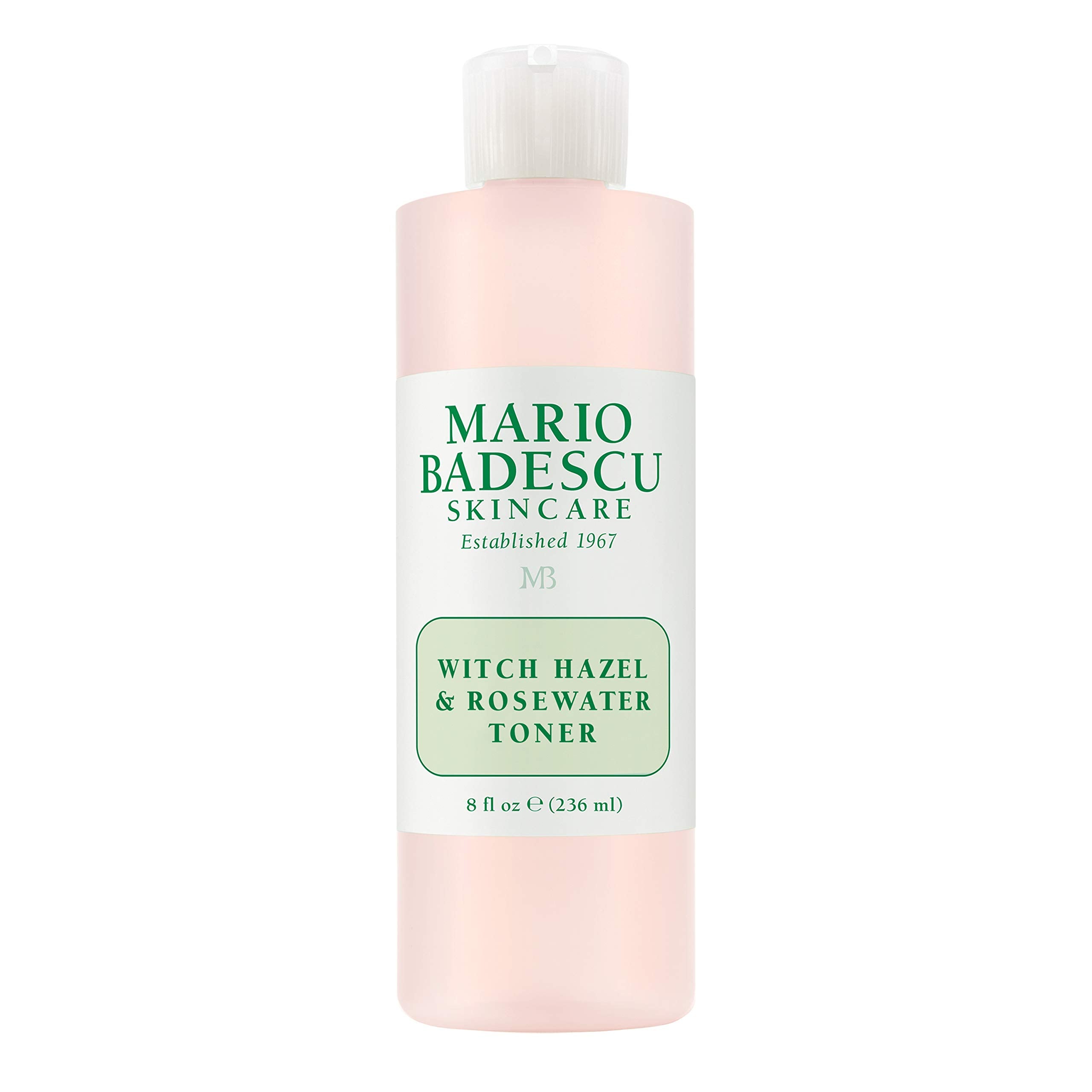 Tónico Mario Badescu en frasco con hamamelis y rosa, sensación refrescante para la piel.