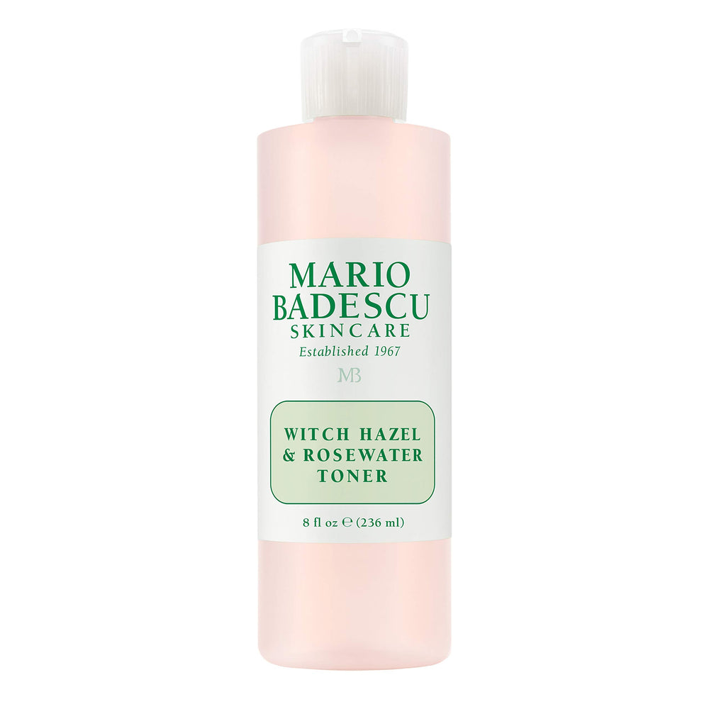 Tónico Mario Badescu en frasco con hamamelis y rosa, sensación refrescante para la piel.