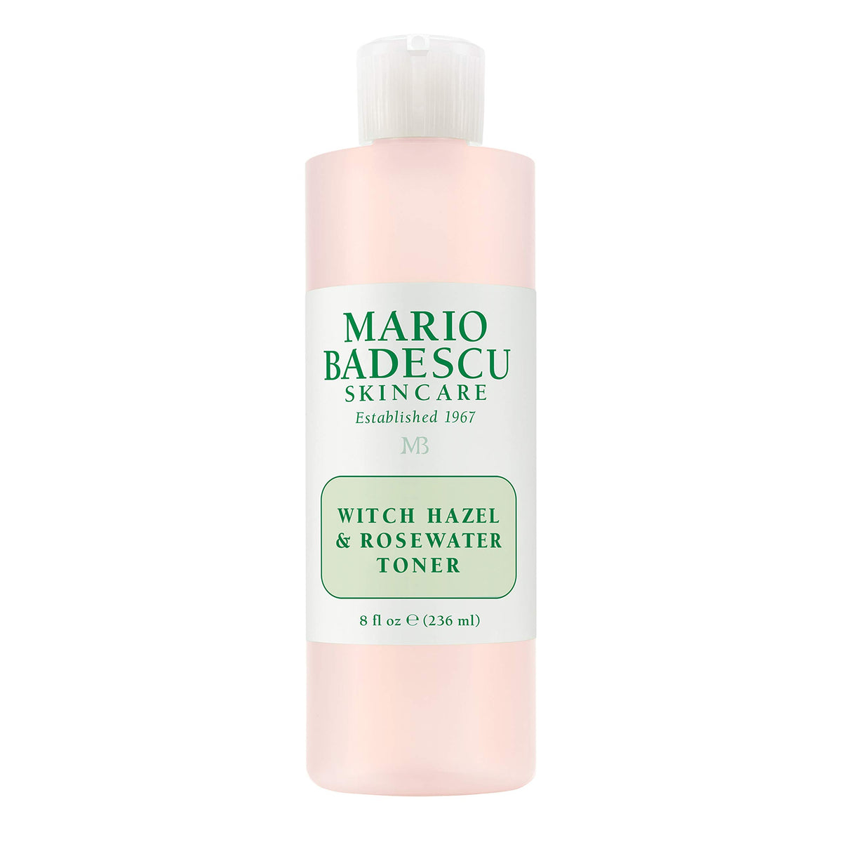 Tónico Mario Badescu en frasco con hamamelis y rosa, sensación refrescante para la piel.