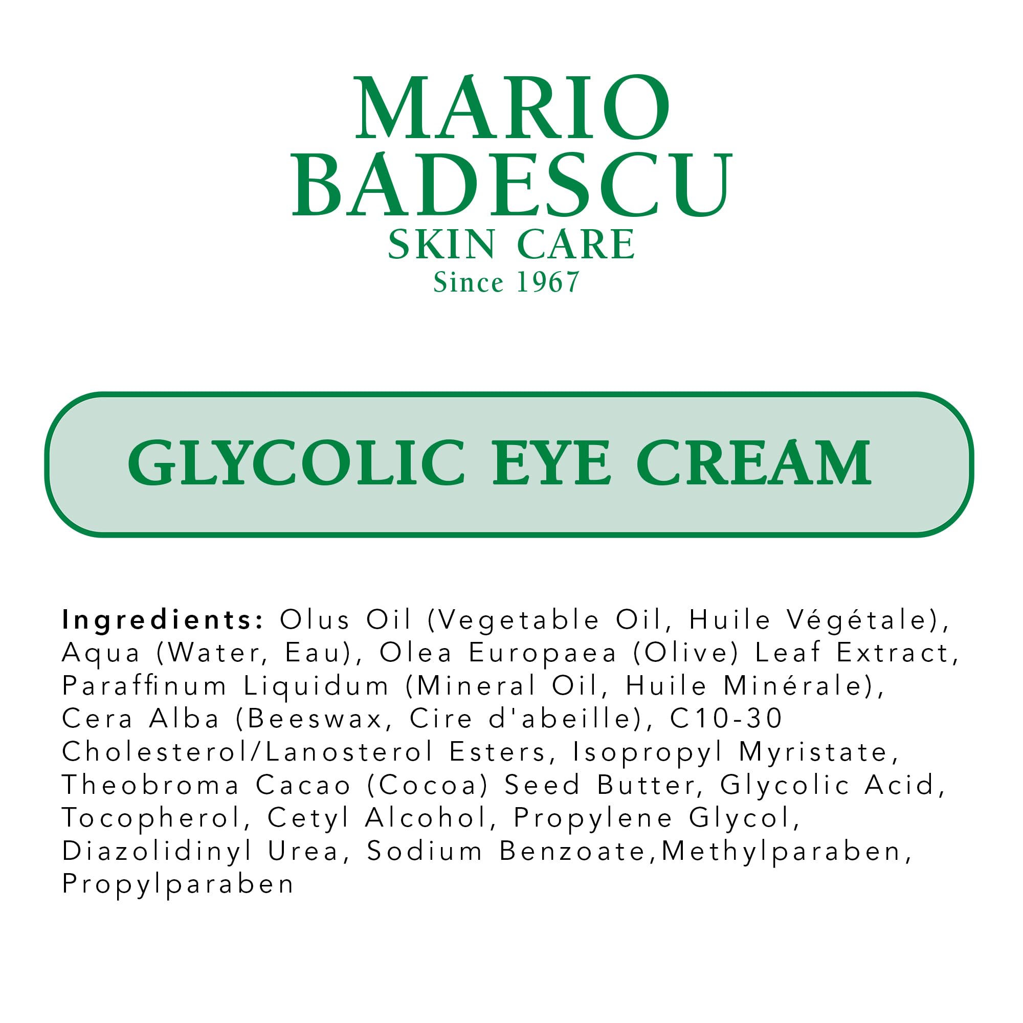 Vegan cruelty-free badge with Mario Badescu Glycolic Eye Cream packaging.