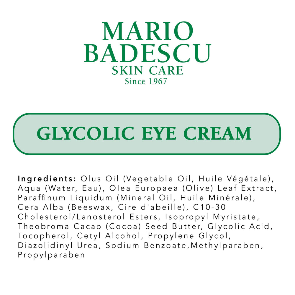 Vegan cruelty-free badge with Mario Badescu Glycolic Eye Cream packaging.