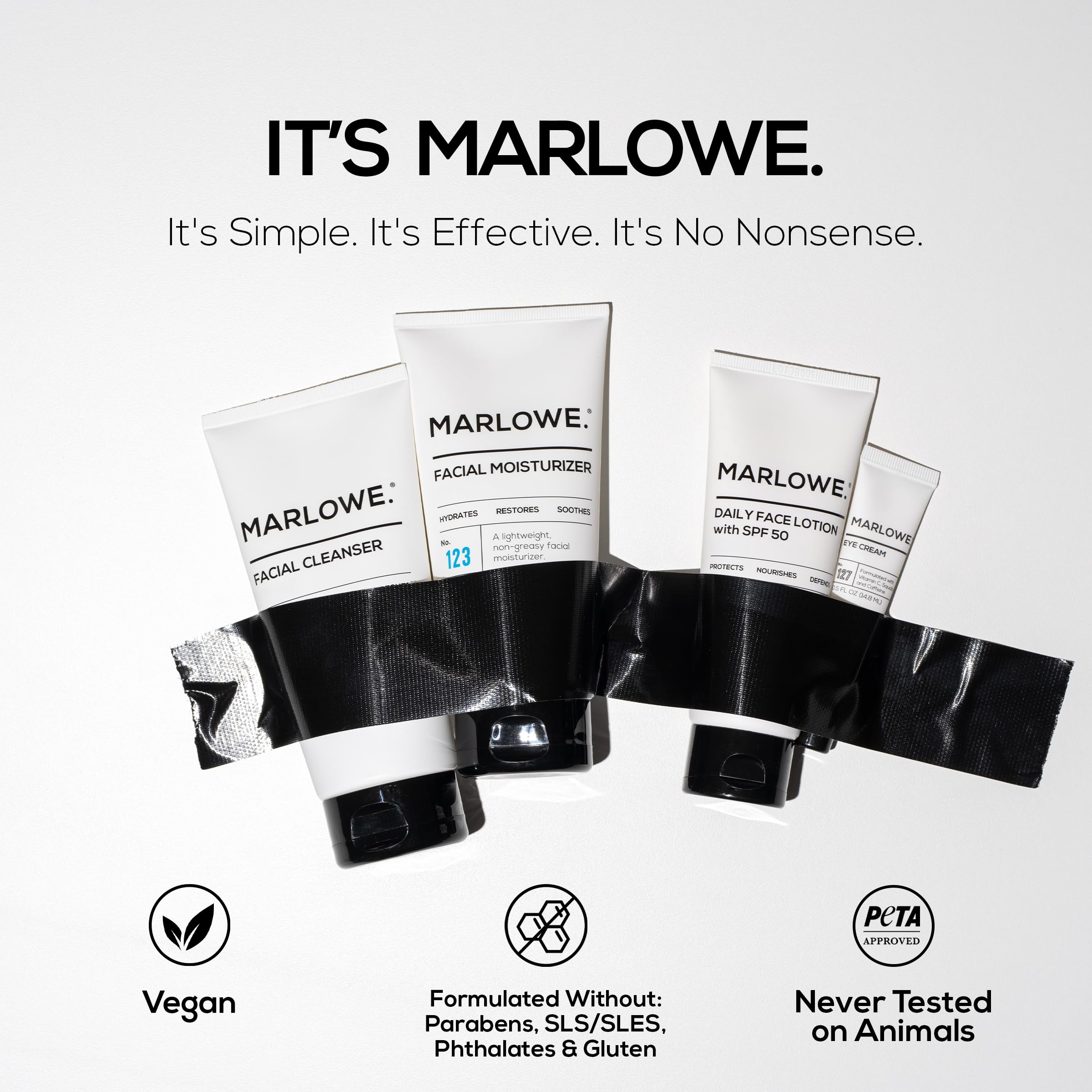 MARLOWE men's skincare routine visual showing step-by-step care.