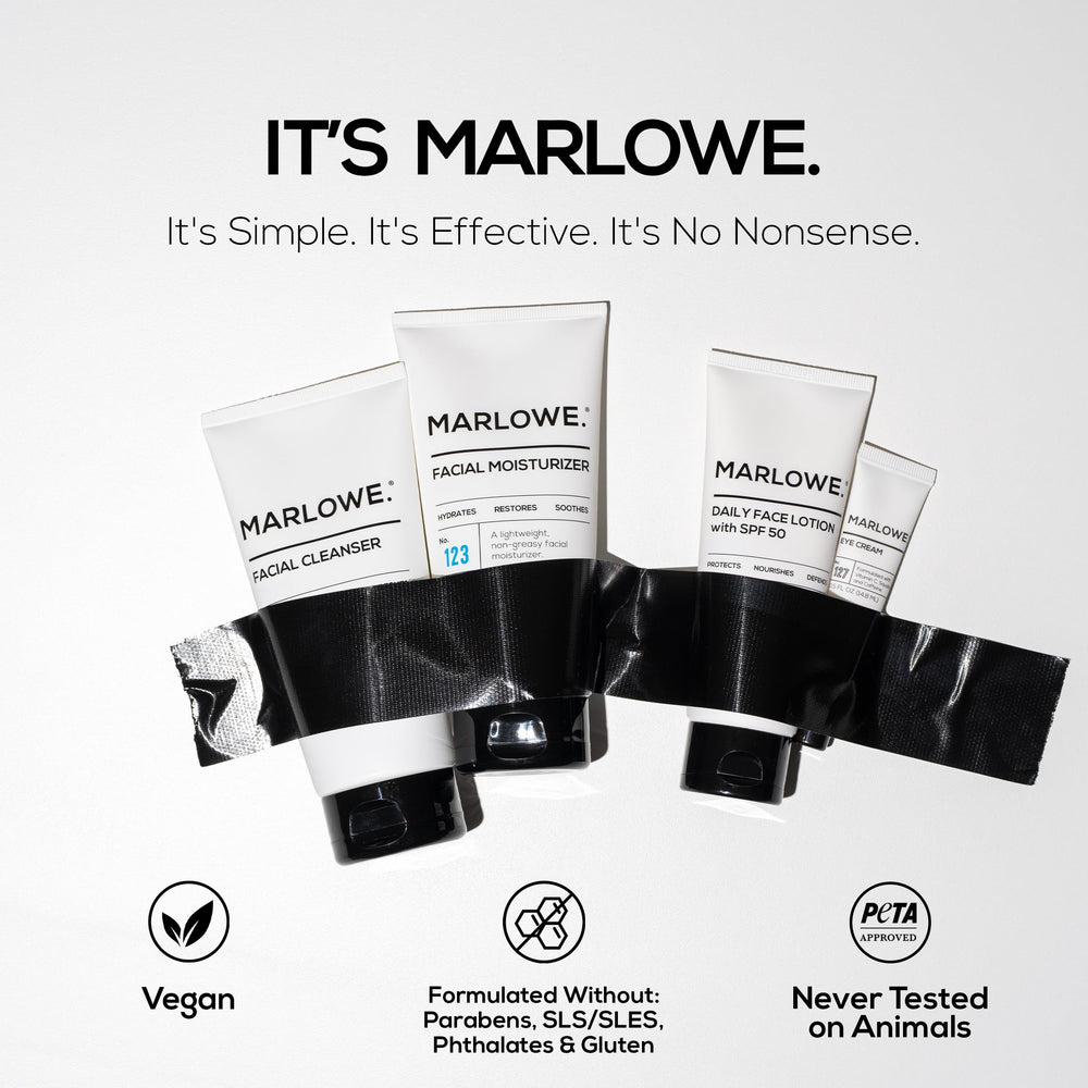 MARLOWE men's skincare routine visual showing step-by-step care.