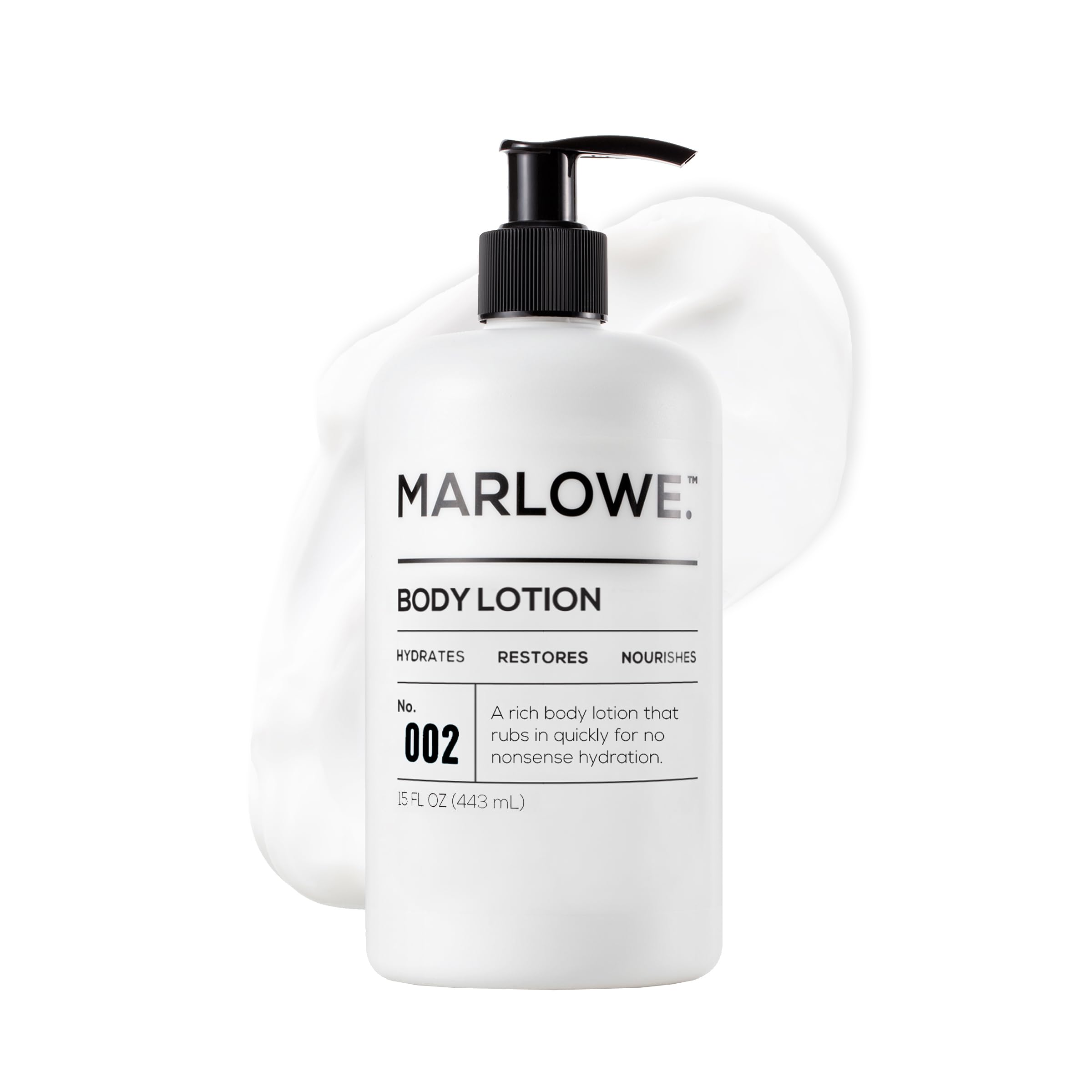 MARLOWE No. 002 loción corporal para hombre, envase con bomba, humecta sin dejar grasa.