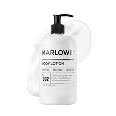 MARLOWE No. 002 loción corporal para hombre, envase con bomba, humecta sin dejar grasa.