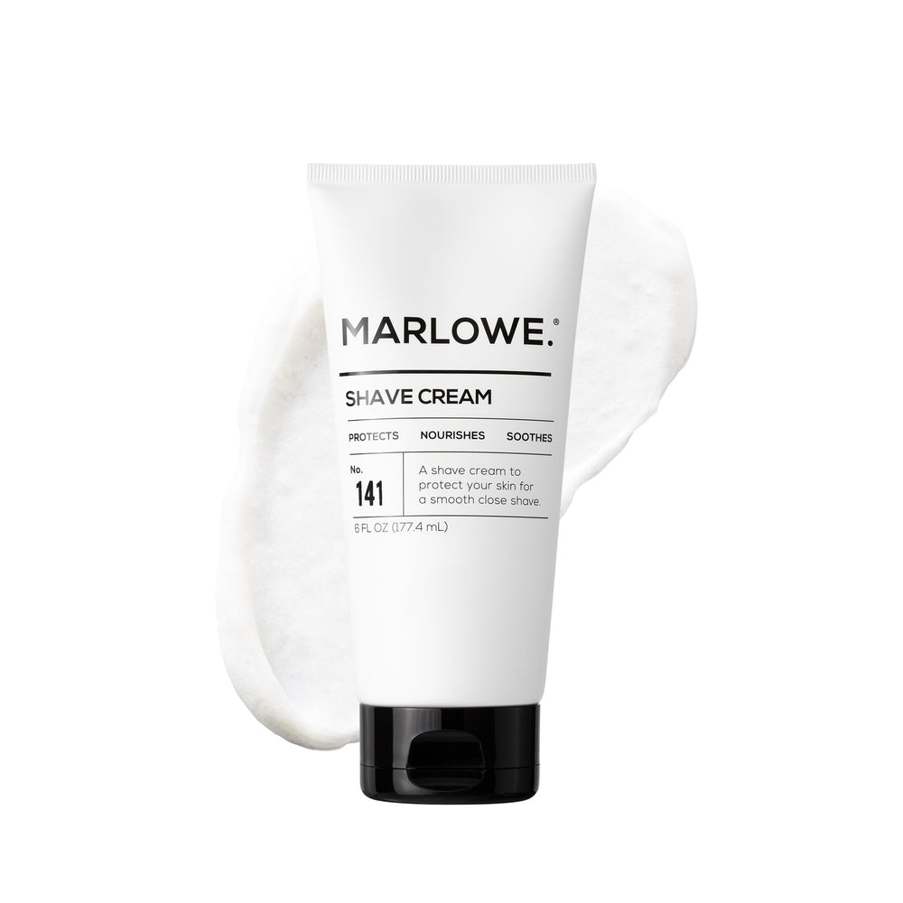 MARLOWE No. 141 shave cream front label; premium ingredients for a smooth start.