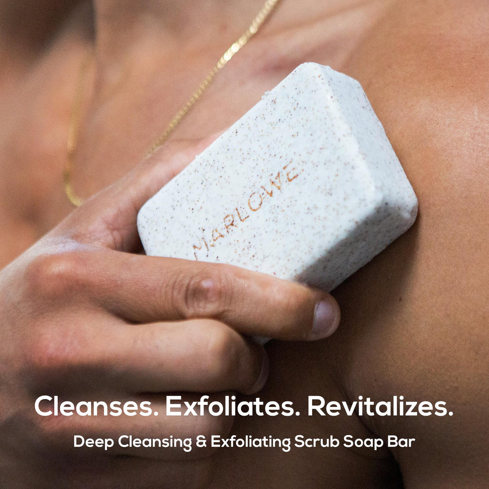 MARLOWE No. 102 exfoliation bar features pumice and apricot powder for smoother skin