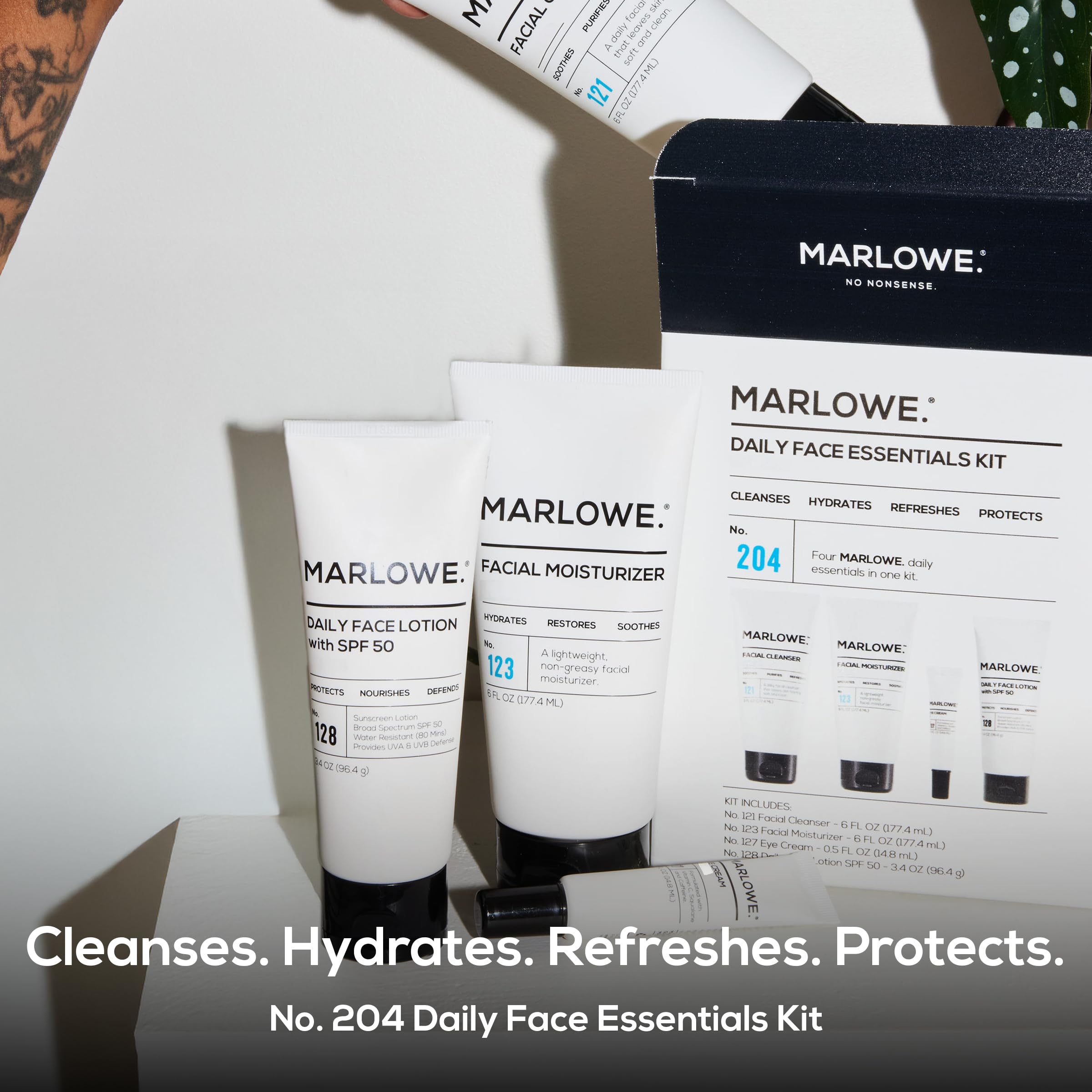 MARLOWE No. 121 facial cleanser bottle for daily oil and impurity removal.