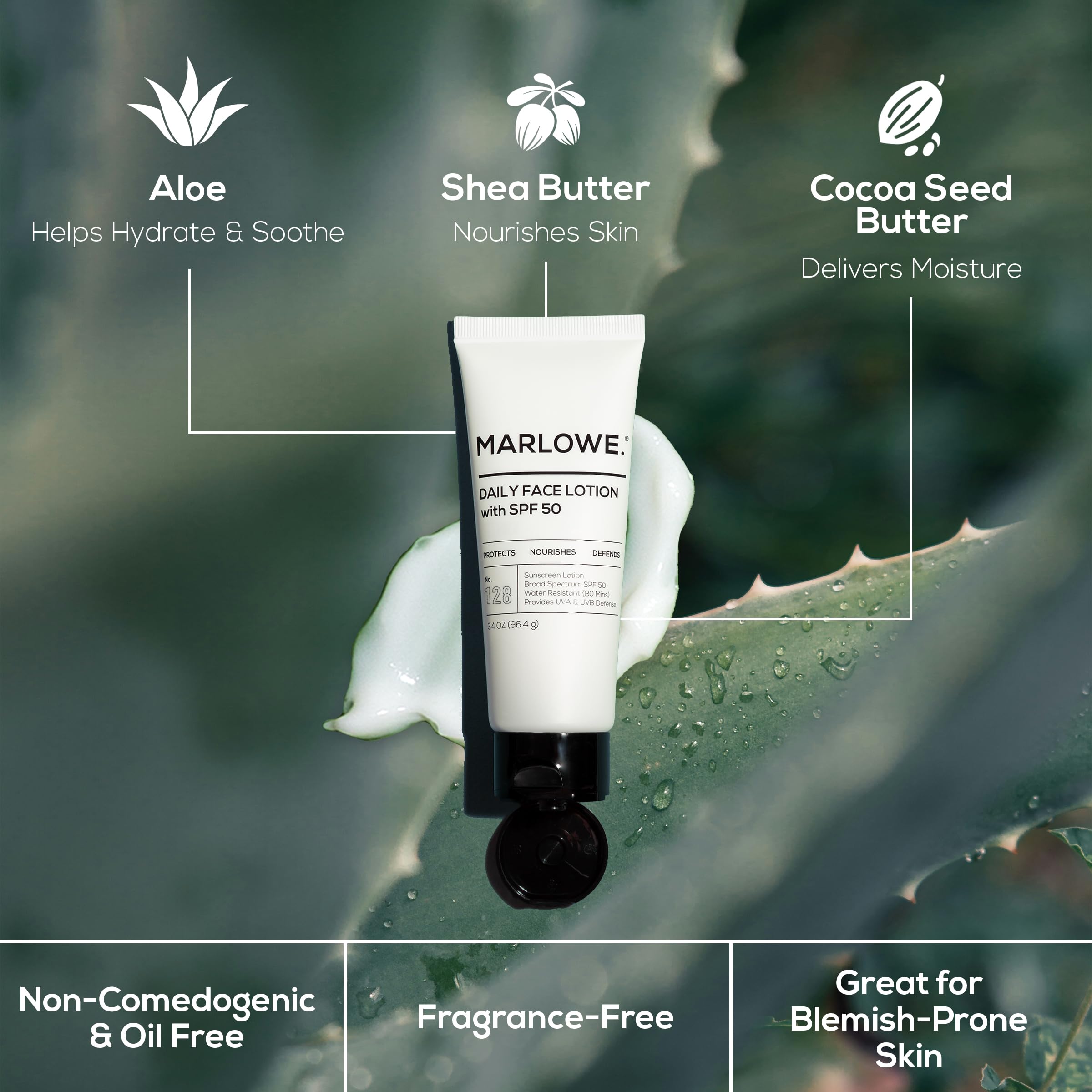 MARLOWE No. 128 SPF 50 daily lotion protecting skin daily.