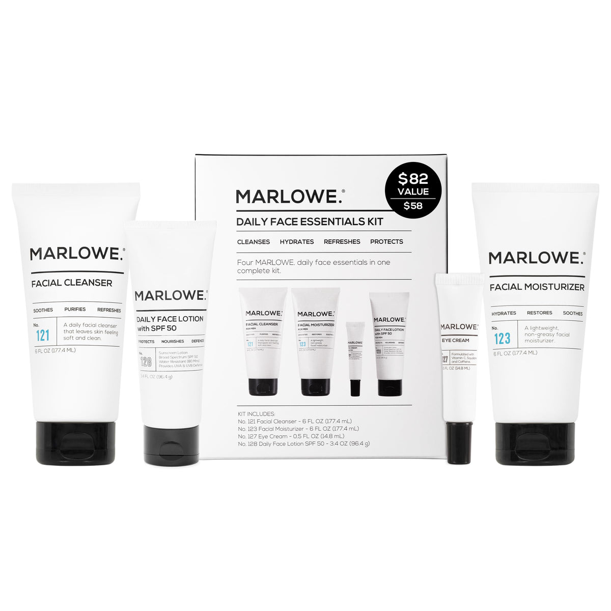 MARLOWE No. 204 daily essential face kit on display for a complete morning routine.