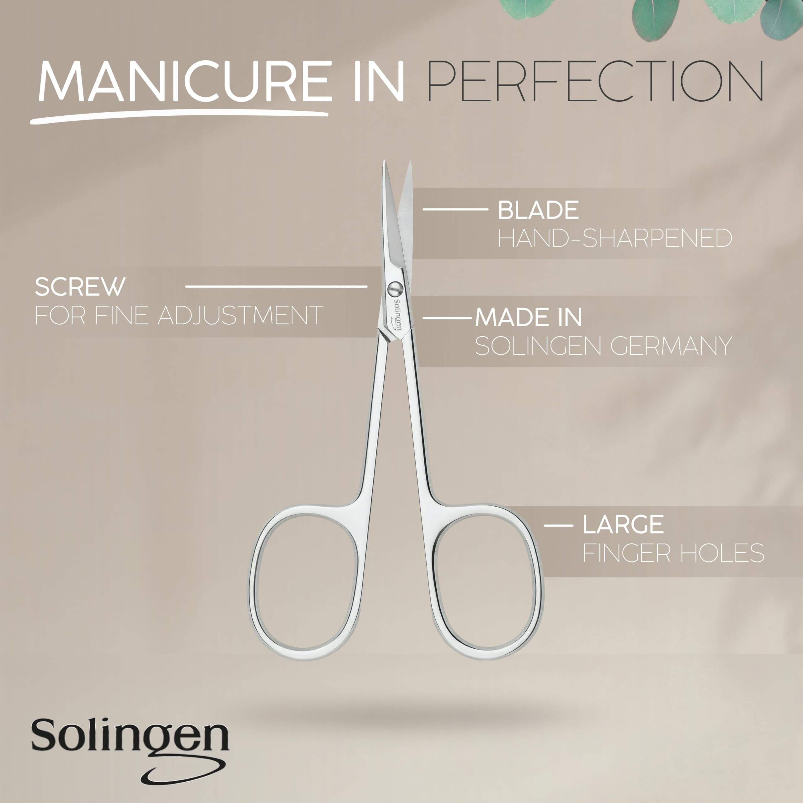 MarQus Solingen curved cuticle scissors blade close-up for precise cuts.