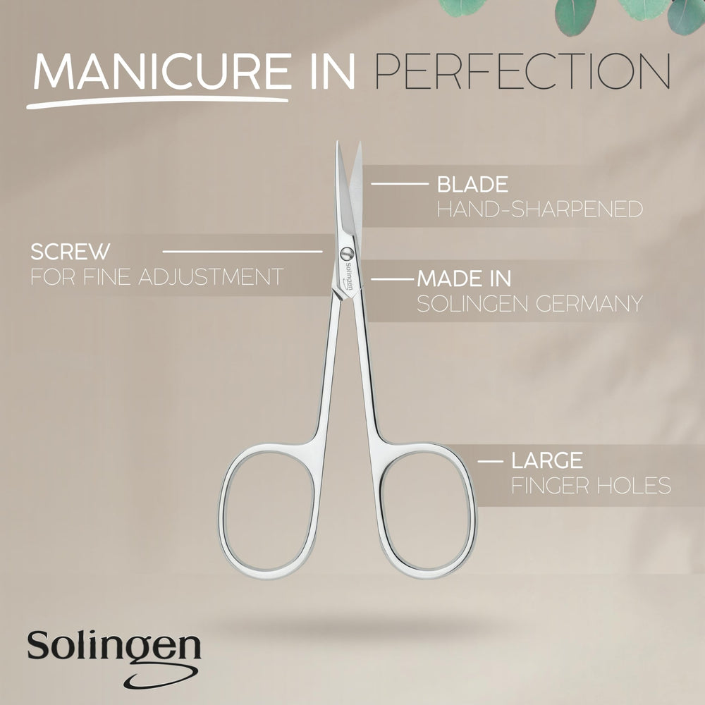 MarQus Solingen curved cuticle scissors blade close-up for precise cuts.