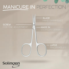 MarQus Solingen curved cuticle scissors blade close-up for precise cuts.