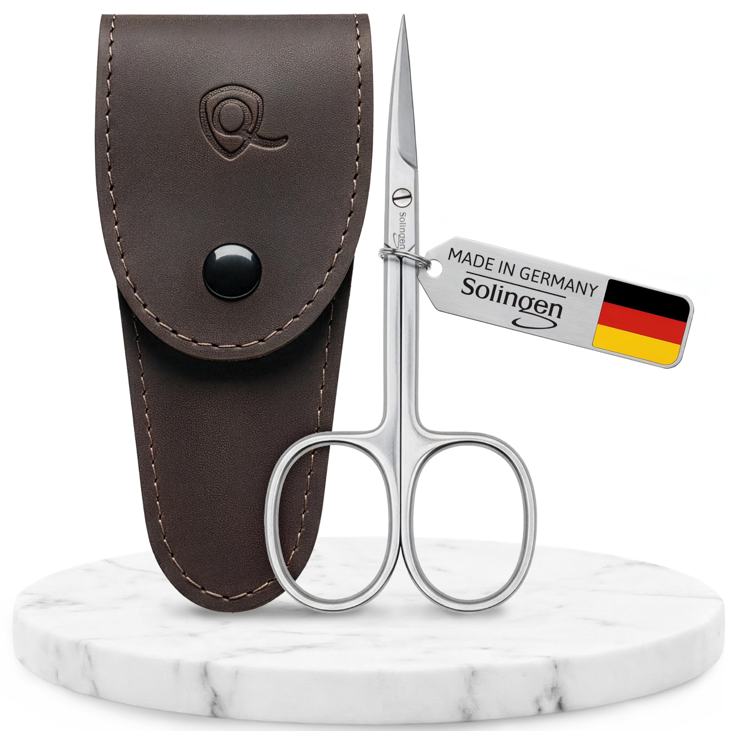 MarQus Solingen curved cuticle scissors with case for travel storage.