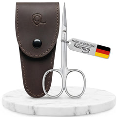 MarQus Solingen curved cuticle scissors with case for travel storage.