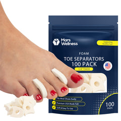 Mars Wellness premium foam toe separators in a 100-pack for all-day toe alignment